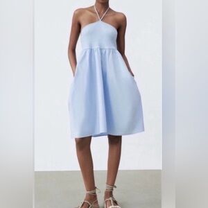 Zara Women’s Medium Halter Dress With Pockets Light Blue Preppy Resort Vacation
